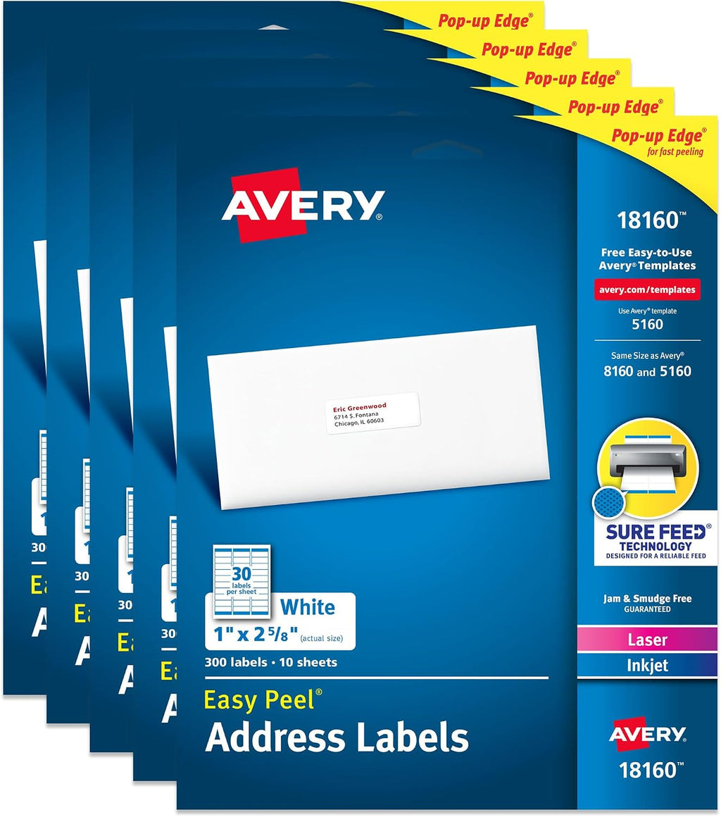 Avery Easy Peel Printable Address Labels with Sure Feed, 1" x 2-5/8" Customizable Stickers, White, 300 Blank Mailing Labels per Pack, Great for Mailing, Shipping, and More (5-Pack of 18160)