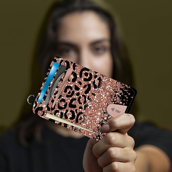 BWEGRHE Small Travel Wallets, Leopard Glitter Slim Minimalist Front Pocket - Image 6