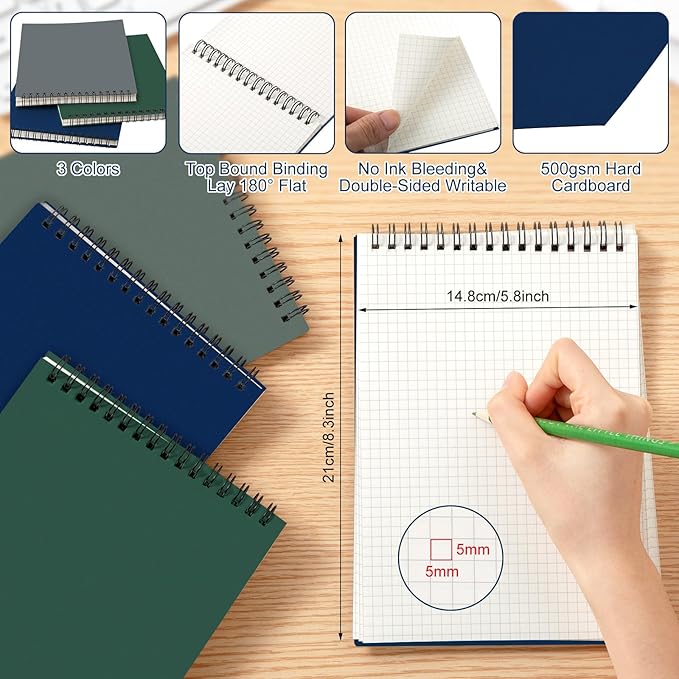 Engrowtic 3 Pack Graph Paper Spiral Notepad A5 Top Wirebound Notepad Grid - Image 2