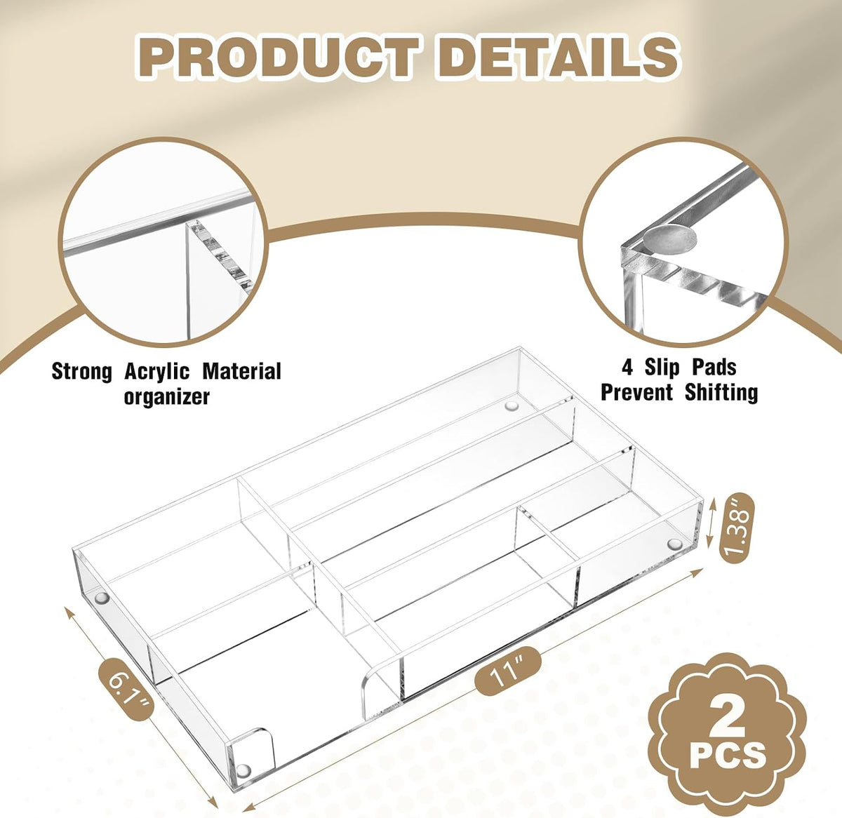 Briwooody 2 Pcs Acrylic Drawer Organizer, 11 x 6 x 1.38'', 6 Compartm...
