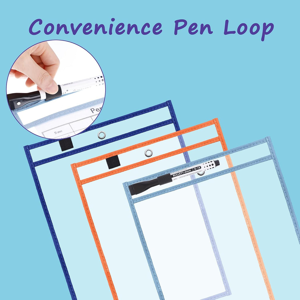 30 Pack Oversized Dry Erase Pockets Sleeves Reusable Ticket Holders, Clear Plastic Sheet Page Protectors, Heavy Duty Work Pockets School Teacher Classroom Office Organization Supplies, 10 Color