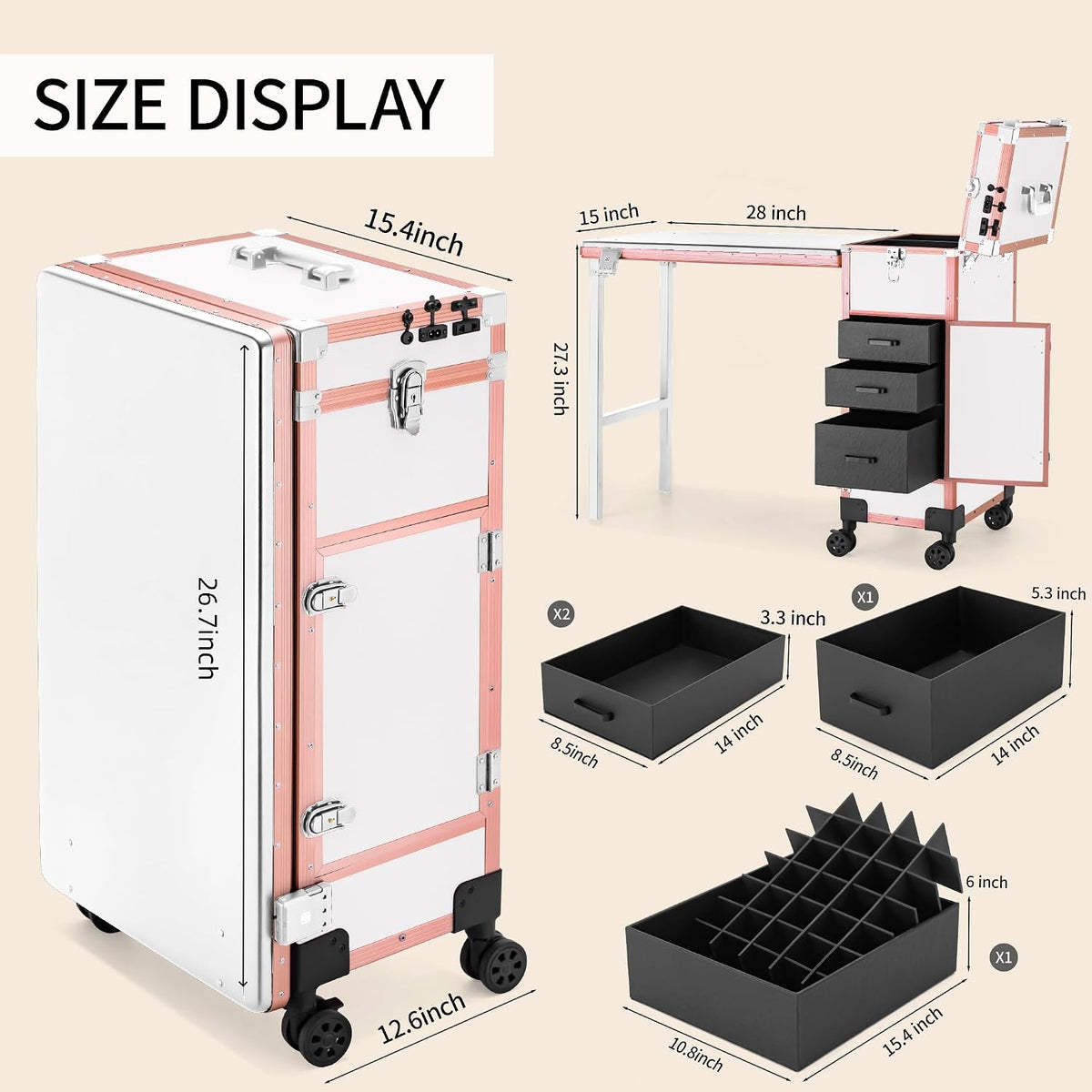 Portable Manicure Table 3 Drawers, Rolling Lockable Makeup Train Case with Bl...