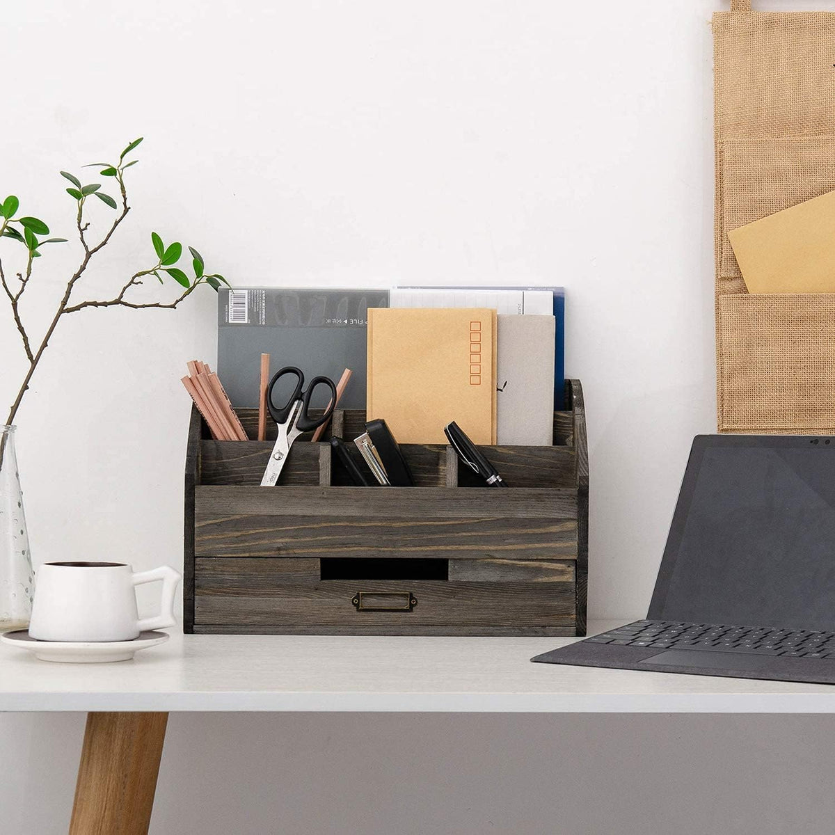 Rustic Wood Desk Organizer and Storage with Drawer and Pen Holder Bill Mail O...