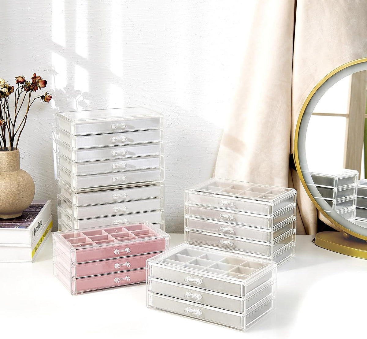 ProCase Earring Holder Organizer Jewelry Box with 3 Drawers, Pink