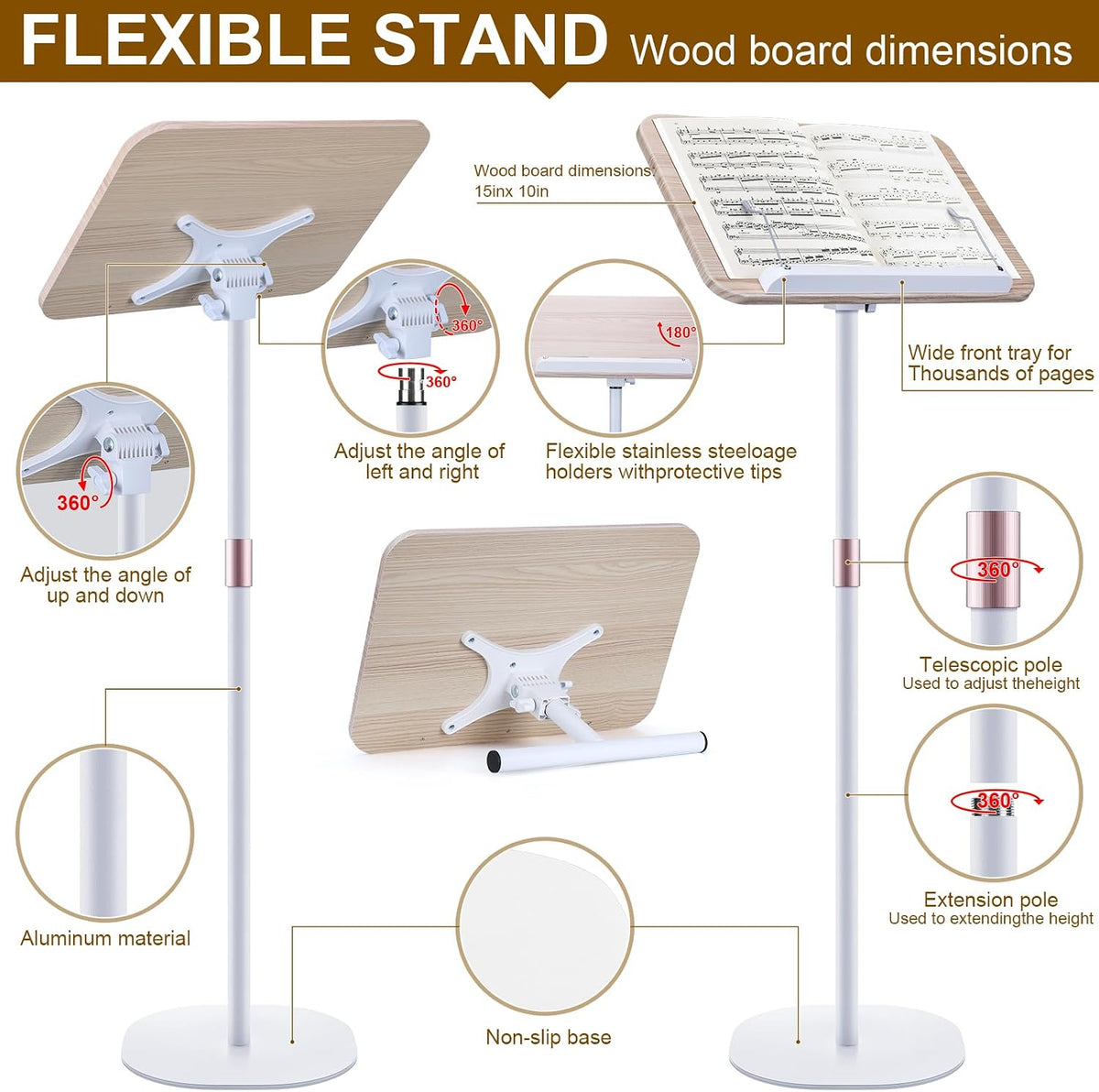 2 in 1 Dual-use Music Stand & Desktop Book Stand, Adjustable Height 16.5&...