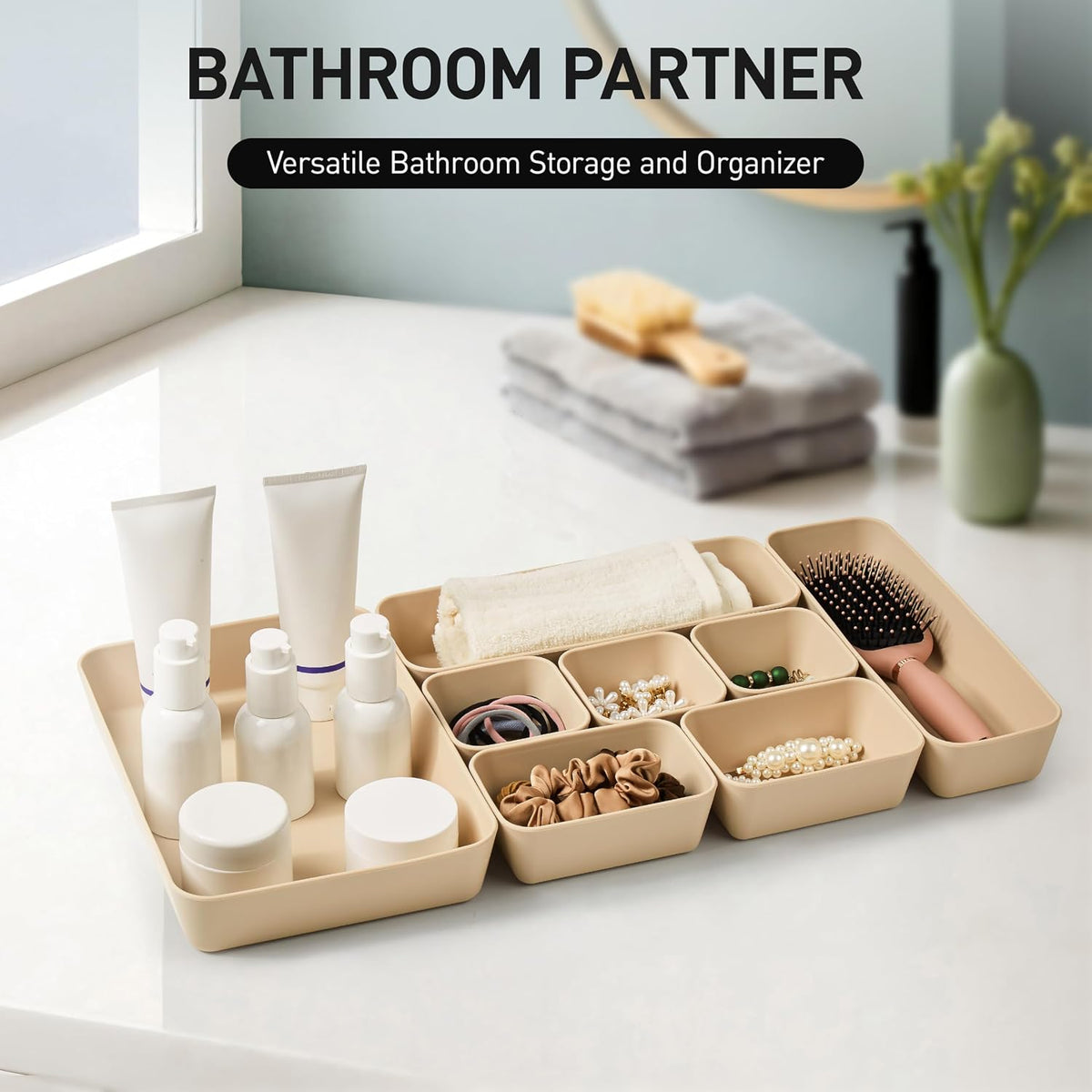 ISSEVE 8Pcs Silicone Bathroom Drawer Organizer Trays Set, 4 Sizes, Beige