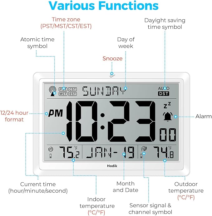 Wall Clock Atomic with Indoor Outdoor Temperature Battery Powered, Easy Reading - Image 2
