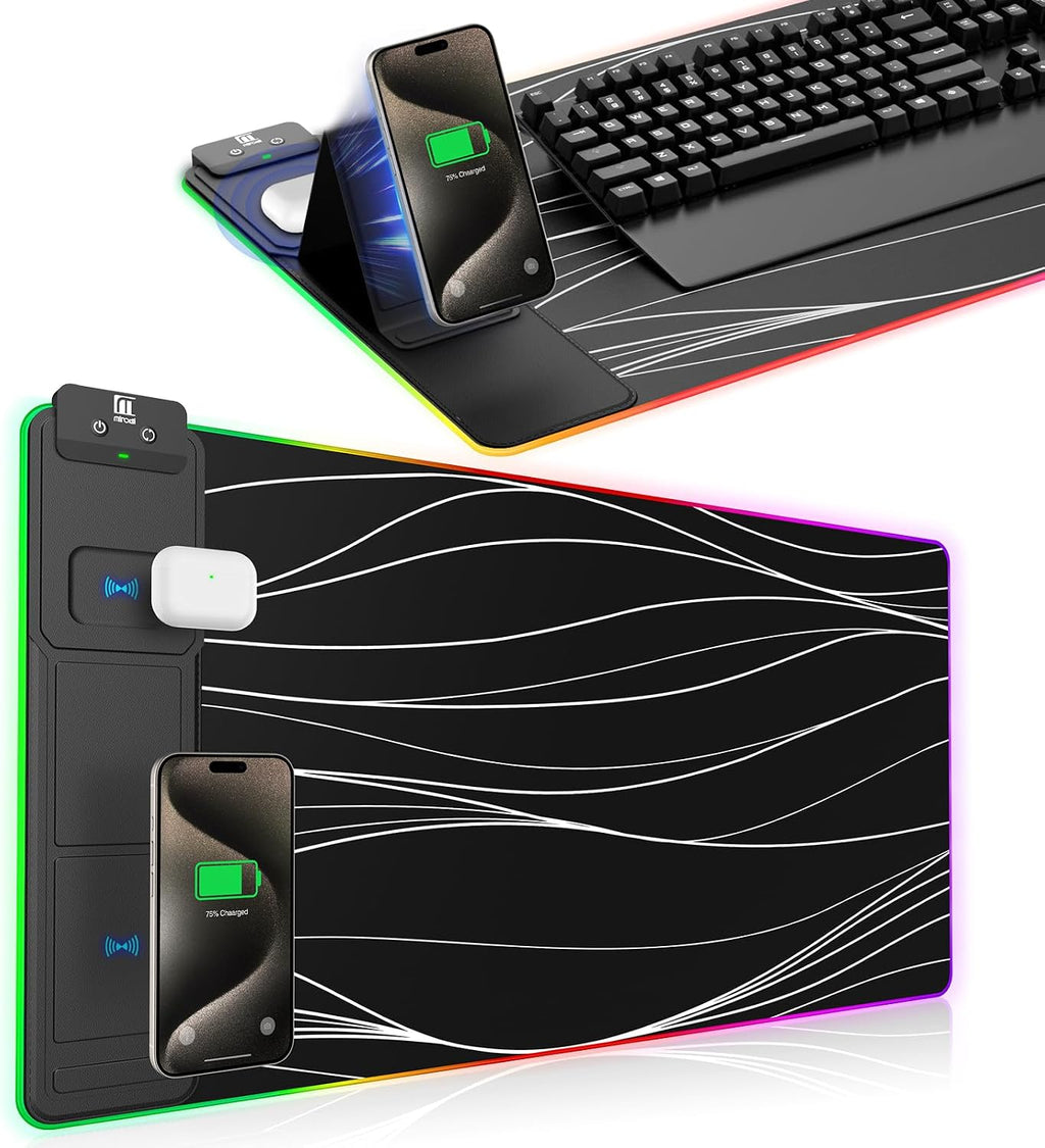 XXL Mouse Pad with Phone Holder, RGB Desk Mat with 15W Fast Charging, LED Large