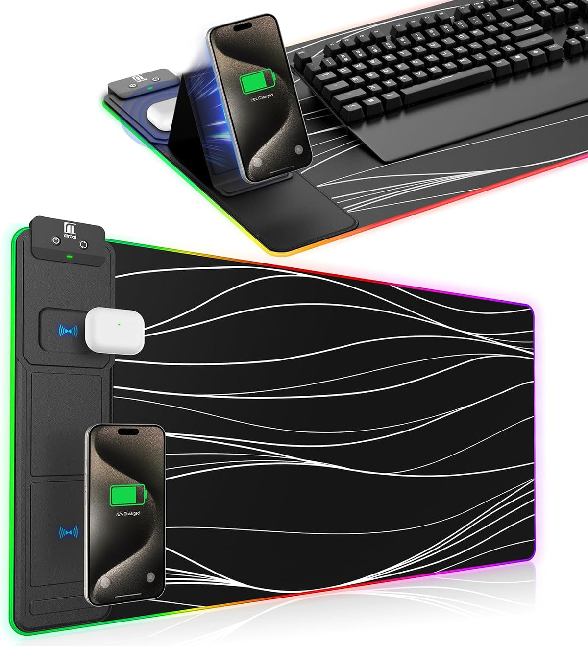 XXL Mouse Pad with Phone Holder, RGB Desk Mat with 15W Fast Charging, LED Large