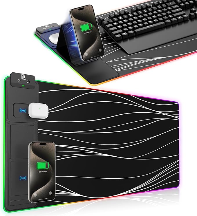 XXL Mouse Pad with Phone Holder, RGB Desk Mat with 15W Fast Charging, LED Large by miroddi