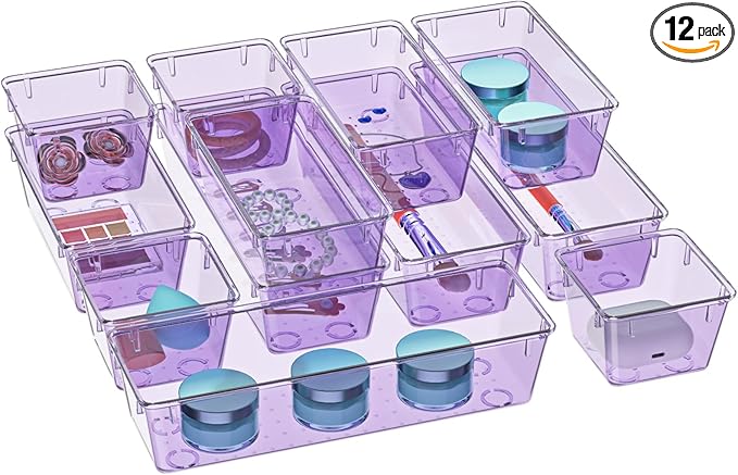 WOWBOX 12 Pack Clear Drawer Organizer Set, Acrylic Drawer Storage Trays by WOWBOX