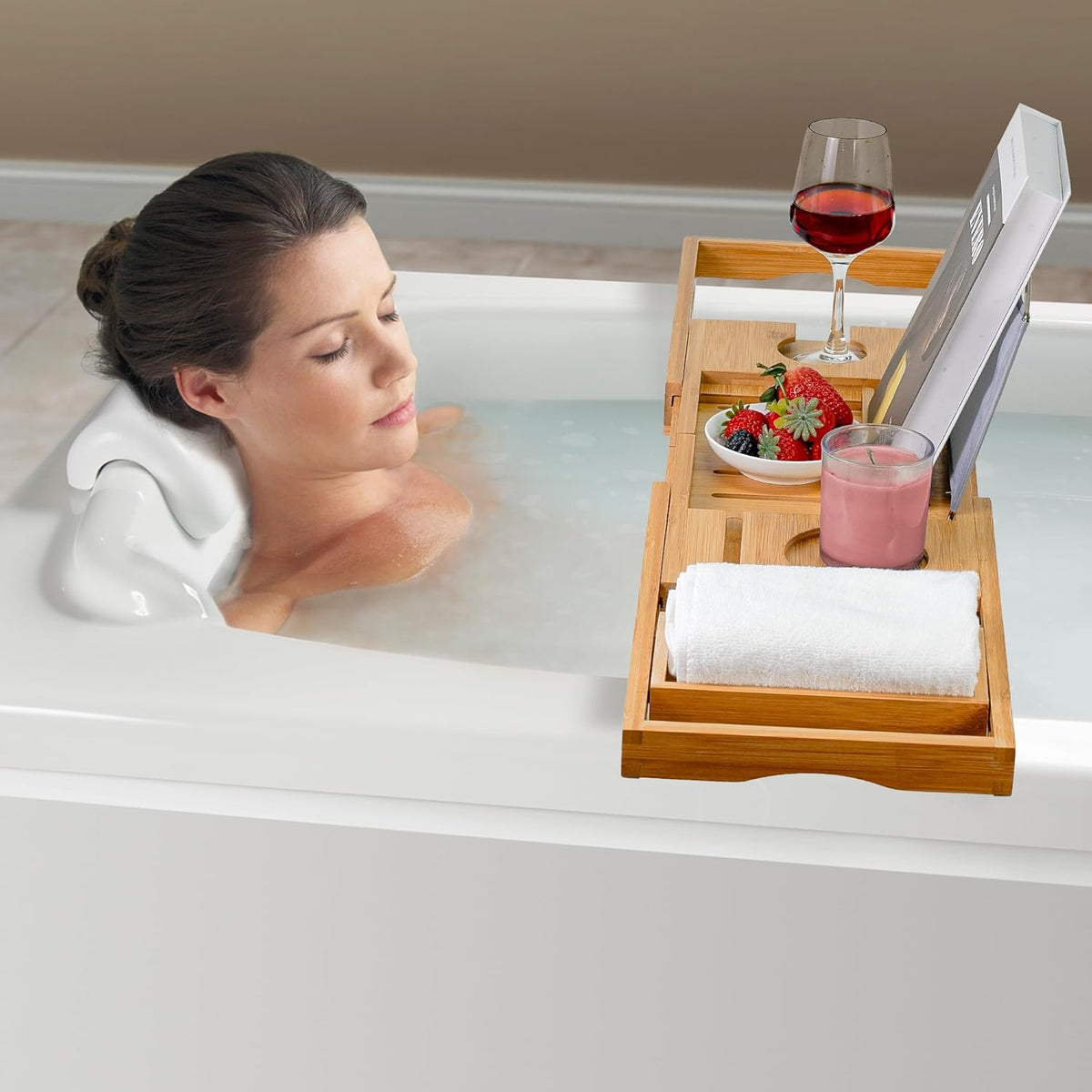 Utoplike Bamboo Bathtub Caddy Tray for Tub, Adjustable Bath Table