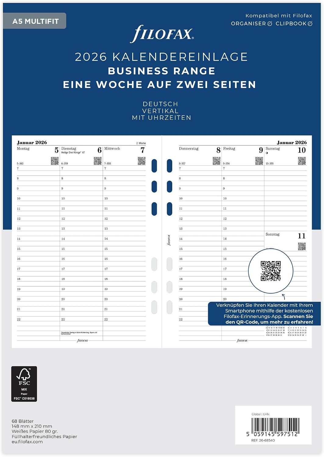 Filofax Calendar A5 Multi 1 Week on 2 Pages (German) 2026