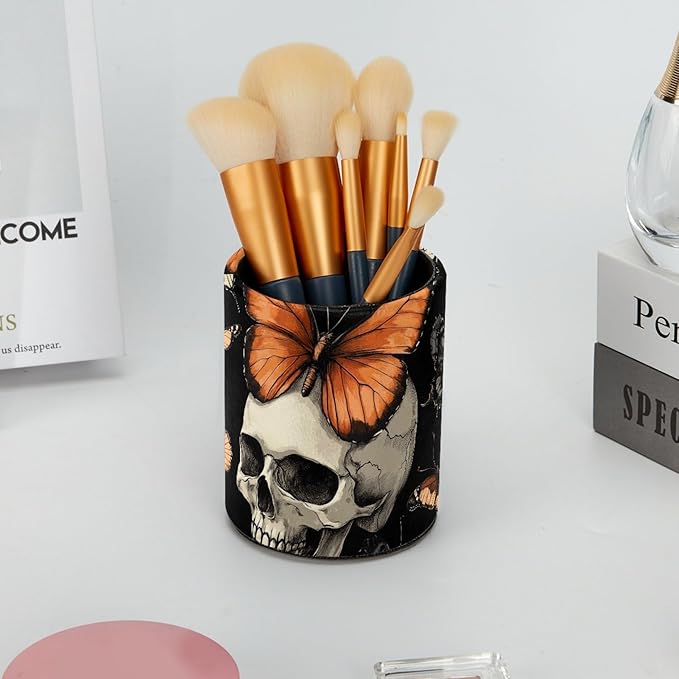 Leather Pen Holder for Desk, Butterfly Skull Pencil Cup Desktop Organizer - Image 6