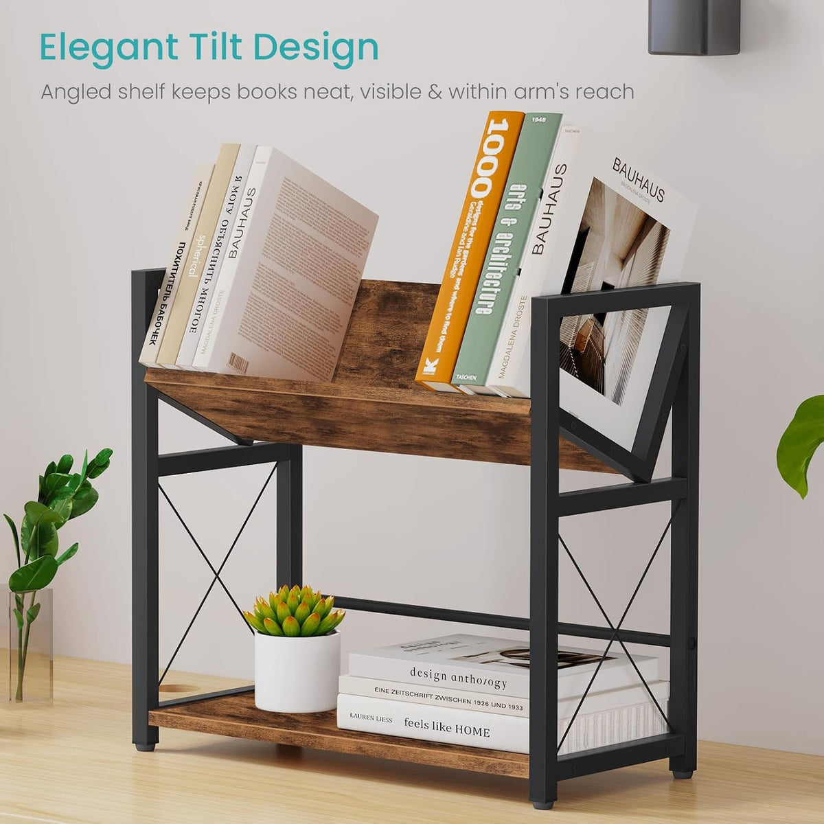 ELITEROO Desktop Bookshelf, 2 Tier Desk Shelf Organizer, Wooden Tabletop Book...