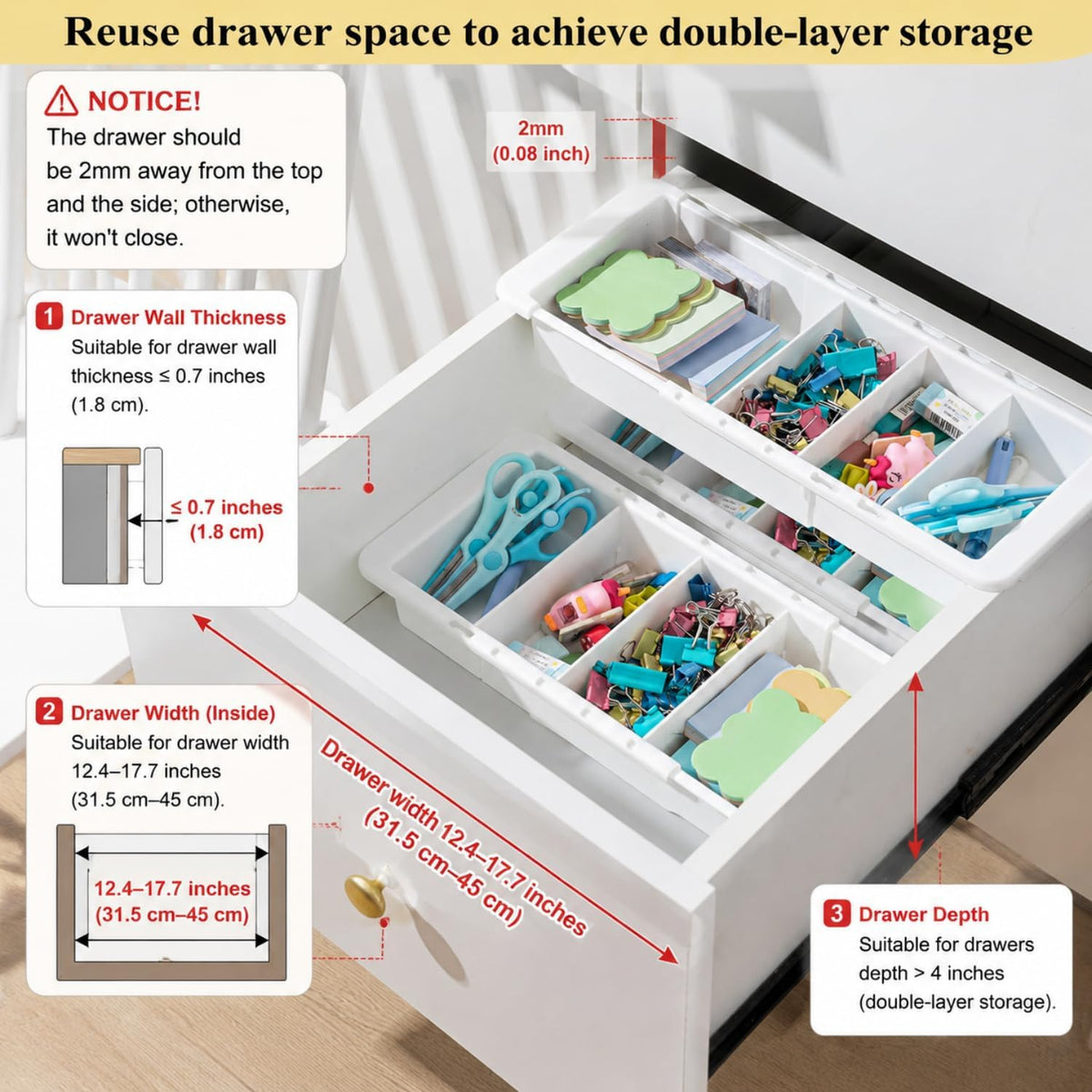 Expandable Deep Drawer Organizer Bins for Desk, White, 5 Pcs