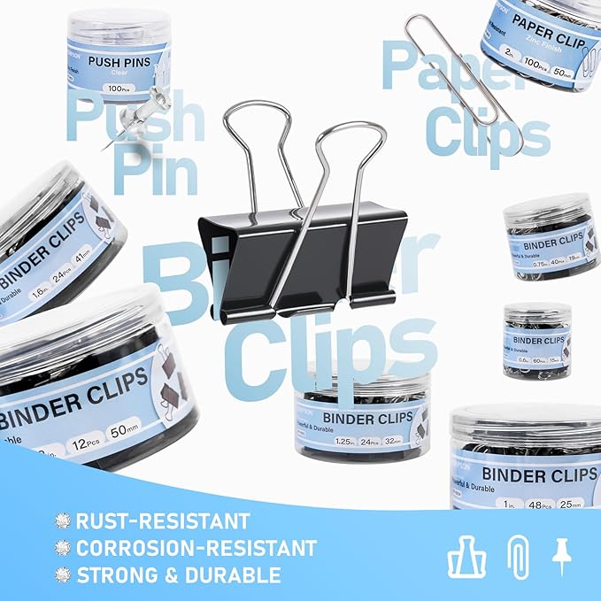 WORPSON 408 PCS Binder Clips Paper Clamps Assorted Sizes and Push Pins - Image 2