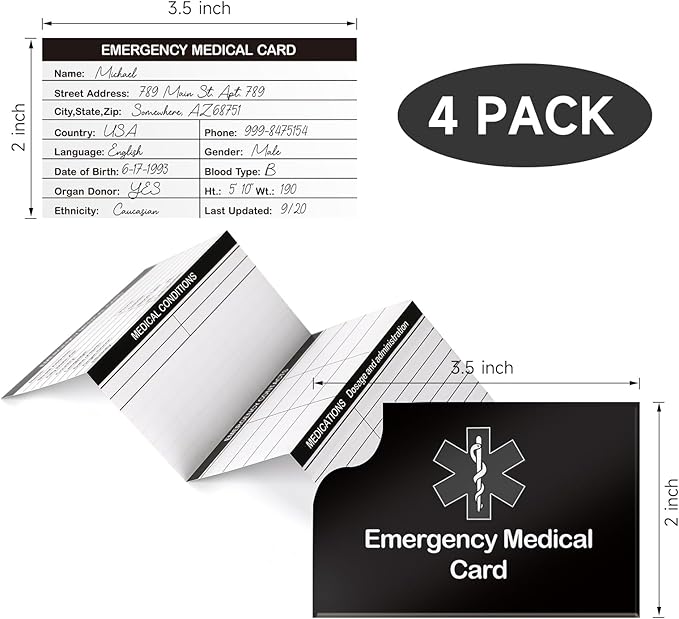 4 Pack Emergency Medical Information Id Card Red Medical Condition and - Image 2