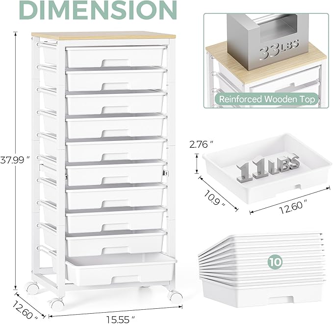 SYKIARIOL Rolling Cart with Drawers, 10 Drawer Rolling Cart, Rolling storage - Image 2