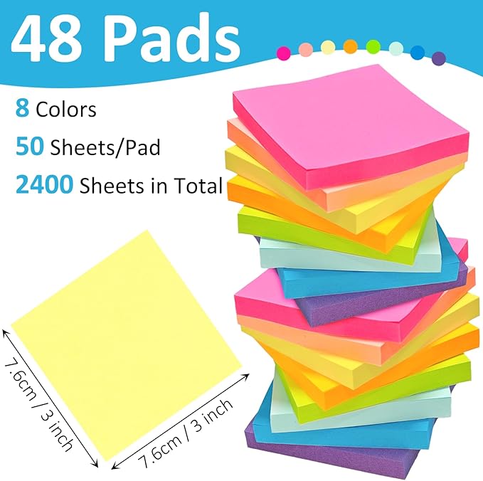 48 Pack 2400 Sheets Sticky Notes 3x3, 8 Colors Sticky Note Pads, Colored Sticky - Image 2