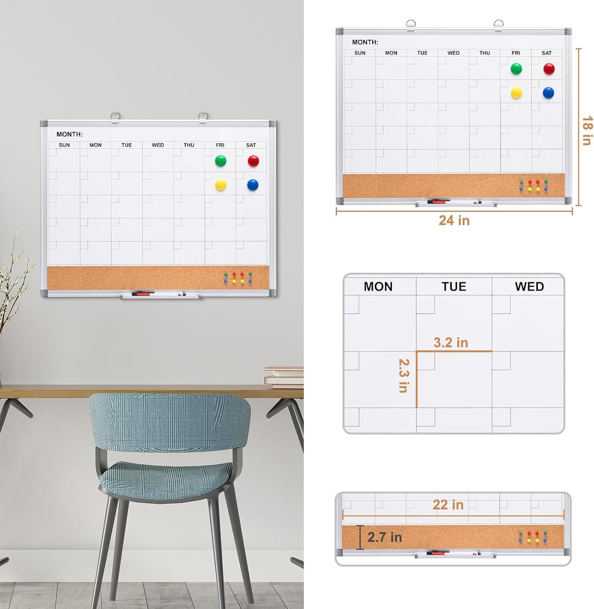 Comix Magnetic Calendar Whiteboard & Corkboard Combo, 24 x 18 Inches
