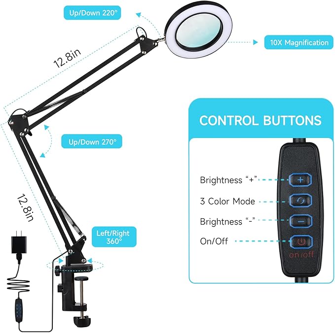 LED Magnifier Desk Lamp with Stand, 3 Color Modes & Stepless Dimming 5-Diopter - Image 2