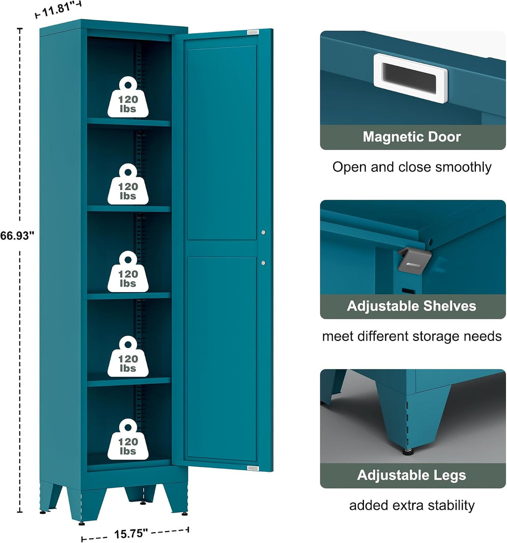 Washsemba 67'' Farmhouse Metal Storage Cabinet with Barn Doors, Steel File Cabinet for Home Office, Kitchen Pantry 4 Adjustable Shelves, Freestanding Cupboard (Peacock Blue)