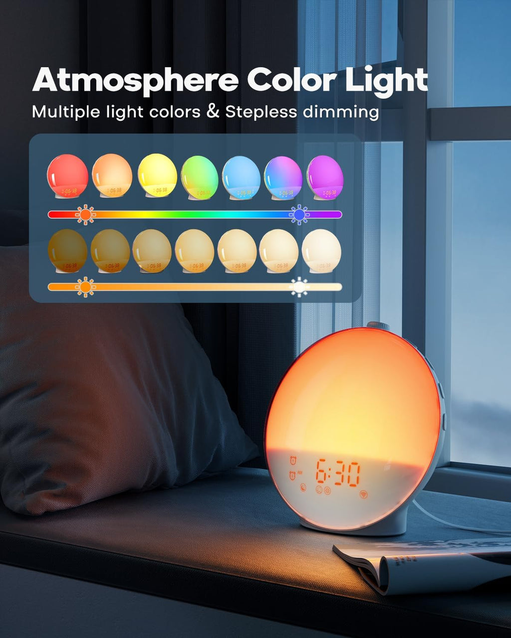 sunrise alarm clock for heavy sleepers, wake up, side view