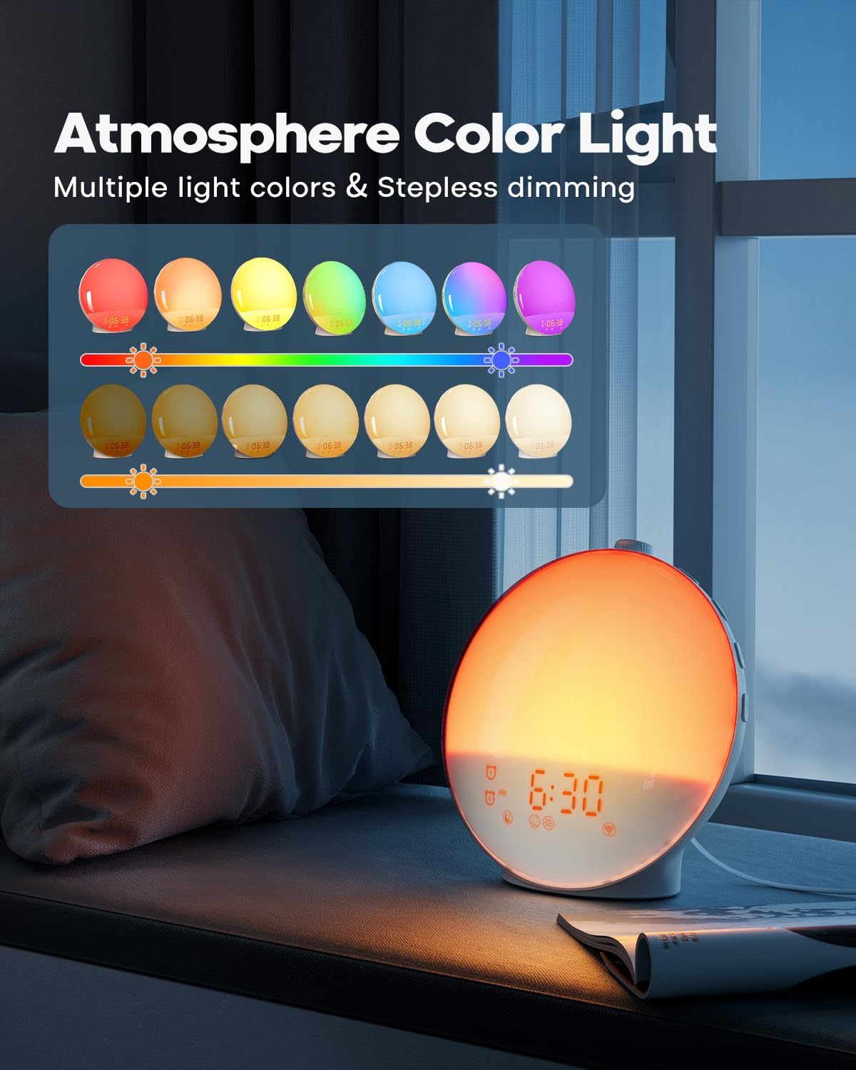 sunrise alarm clock for heavy sleepers, wake up, side view
