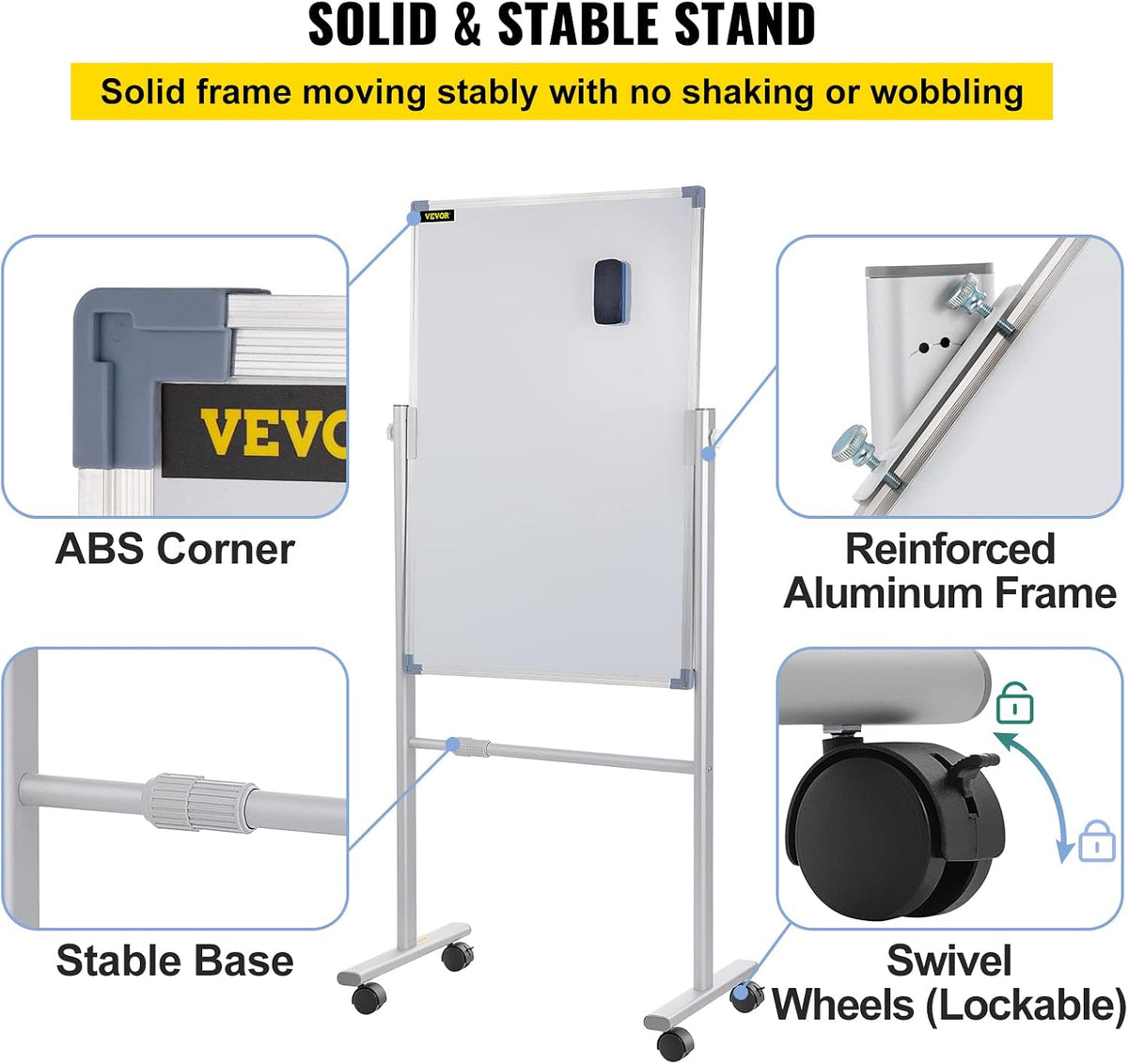 VEVOR Mobile Magnetic Whiteboard, 36 x 24 Inch, Double Sided, 360 Degree Reve...