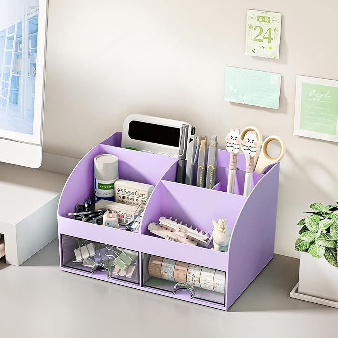 Desk Organizer with 6 Compartments and 2 Drawers, Plastic Makeup Organizer - Image 4