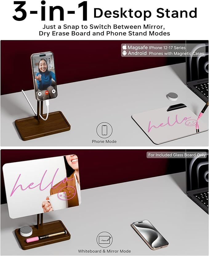 YEOUX Premium Desktop Glass Mirror, Dry Erase Board & Magnetic Phone Stand - Image 2