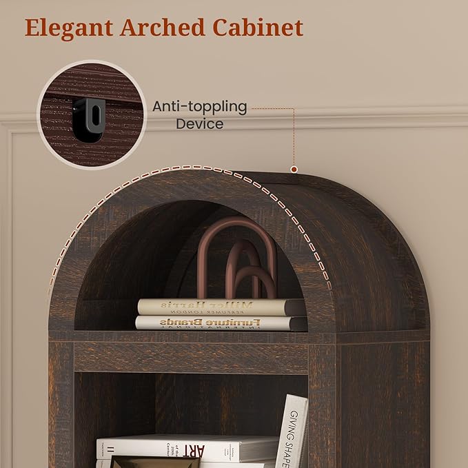UPOSOJA 76" Tall Narrow Arched Bookcase, 7-Teir Mid-Century Modern Bookshelf - Image 4