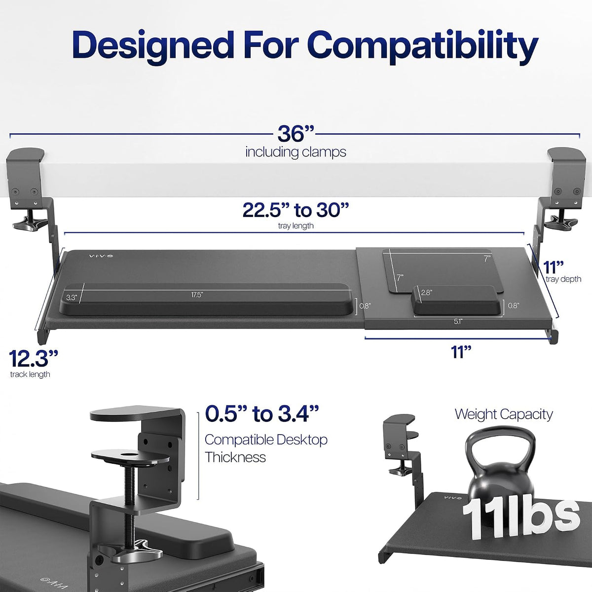 VIVO Black Clamp-on 23” to 30” x 11" Adjustable Keyboard Tray, Mount-KBST1