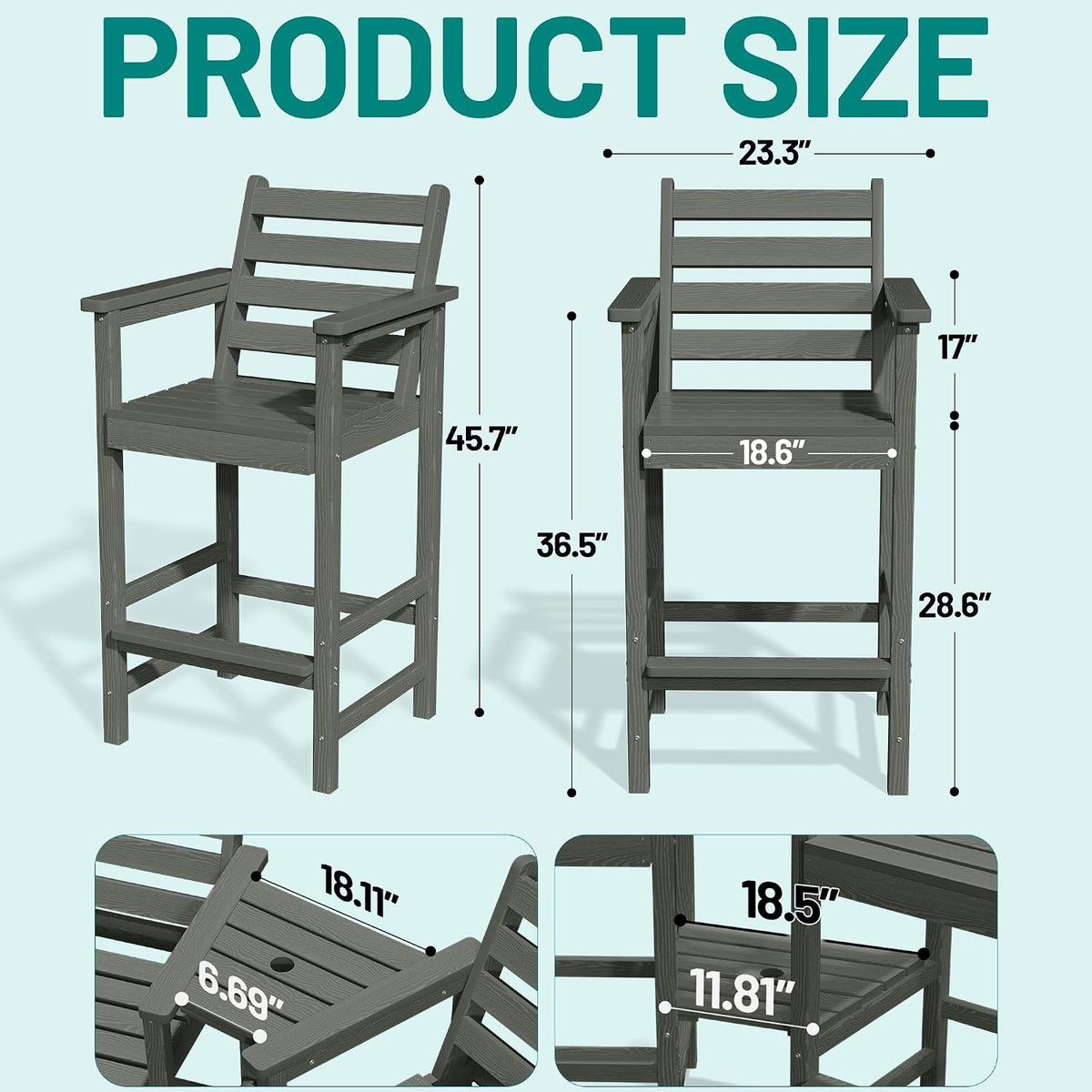 PLUUV Tall Adirondack Chairs Set of 2 with Double Connecting Trays,Gray
