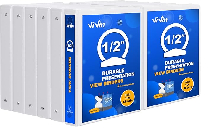 3 Ring Binder 1/2 Inch, ViVin Sturdy 0.5"-Round Ring Binder by ViVin