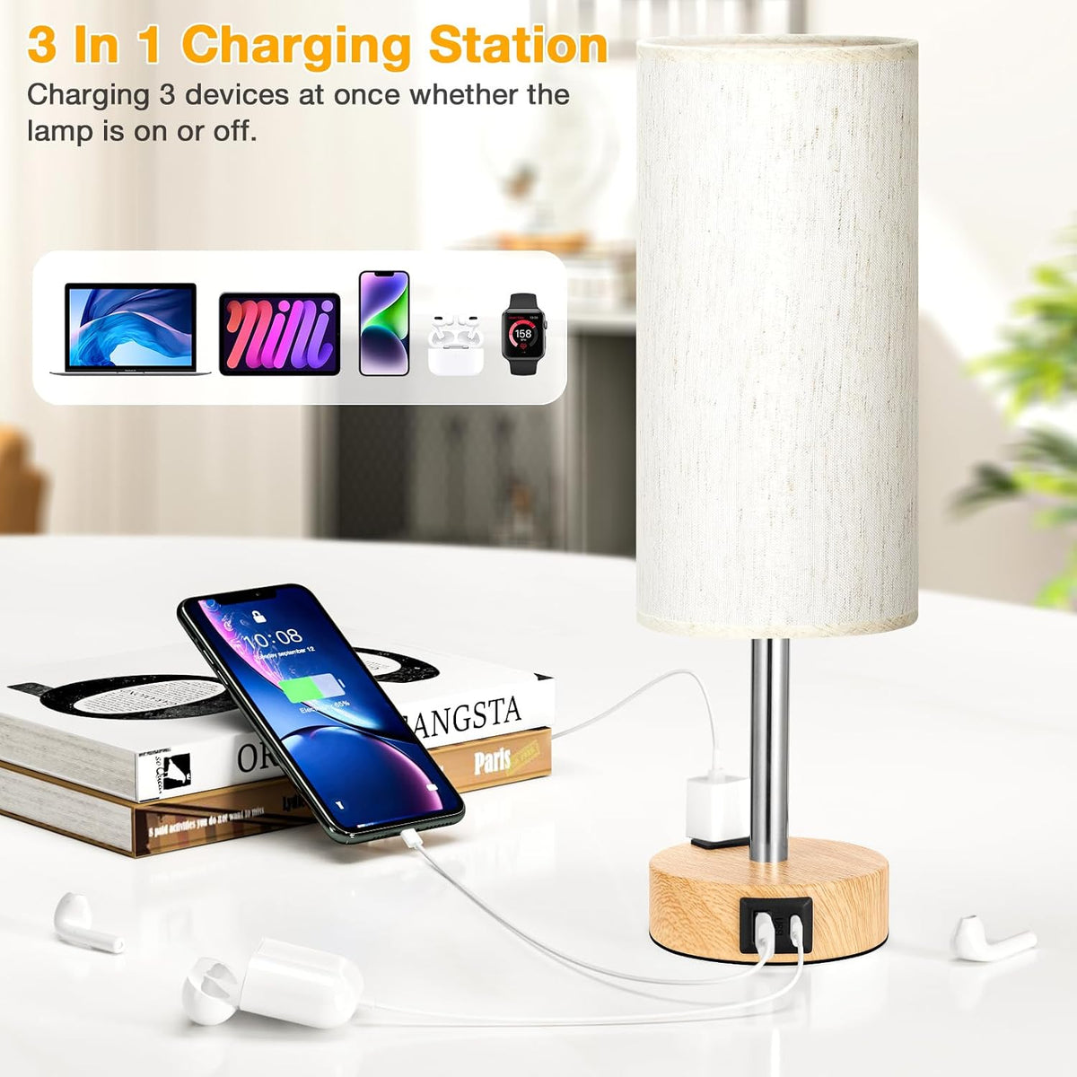 Touch Bedside Table Lamps Set of 2 - Bedroom Lamp with USB A+C, AC Outlet