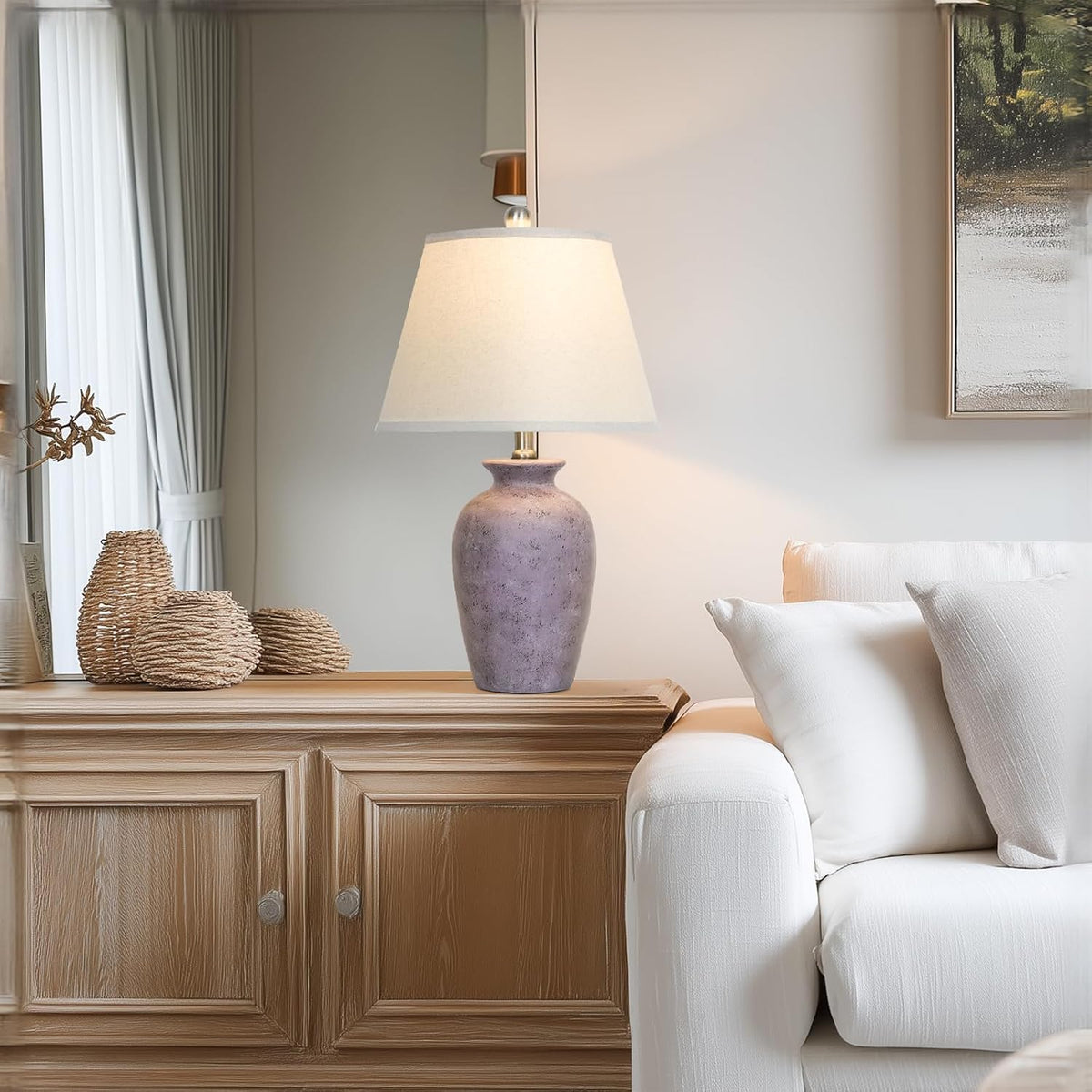 Cinkeda 22" Rustic Purple (Gray Undertones) Farmhouse Table Lamp Ceramic...