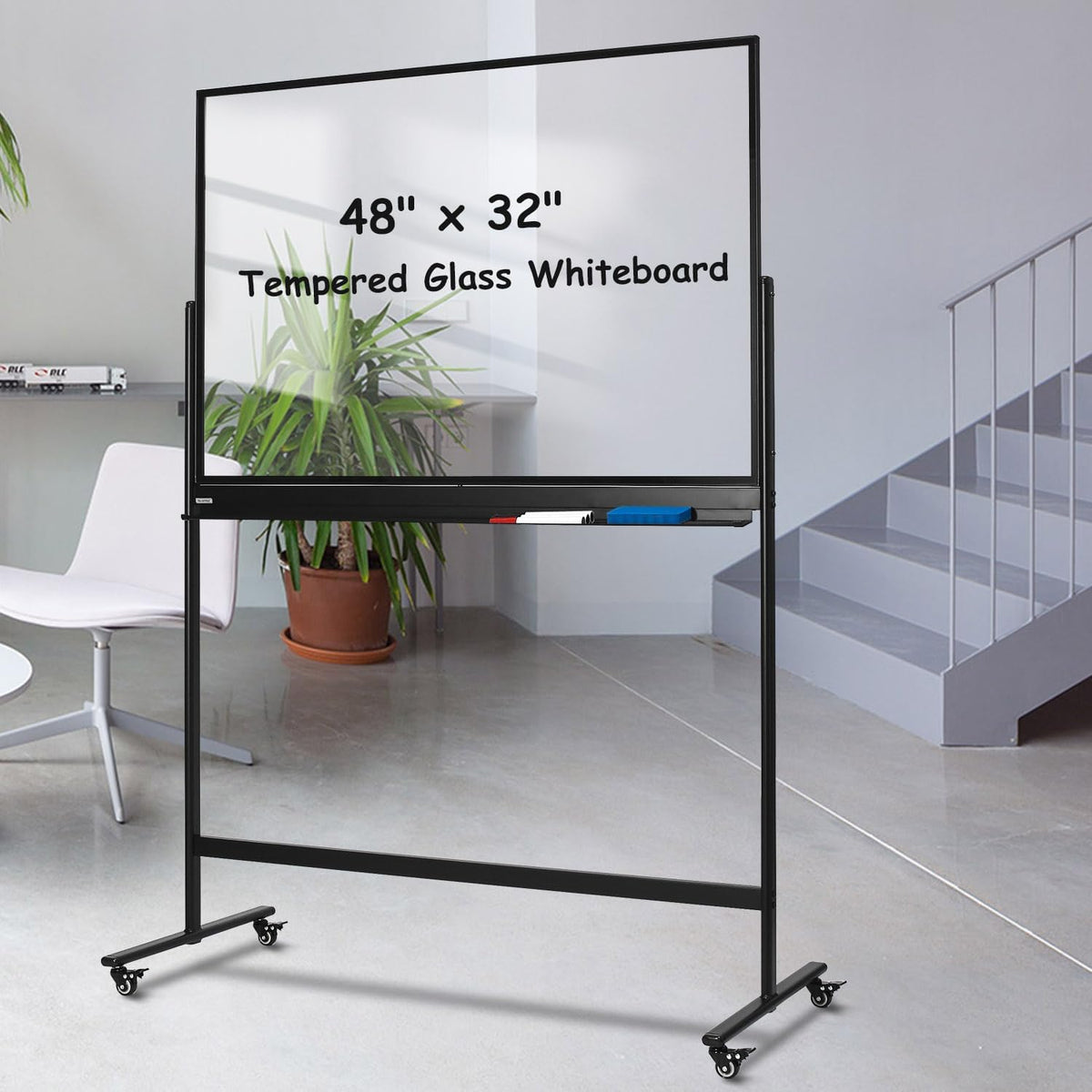TSJ-OFFICE Rolling Clear-Glass Whiteboard on Wheels