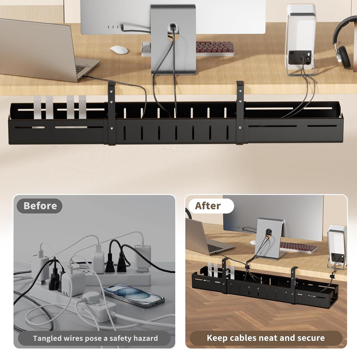 Under Desk Cable Management Tray,Expandable 25.2" – 38.6",Black