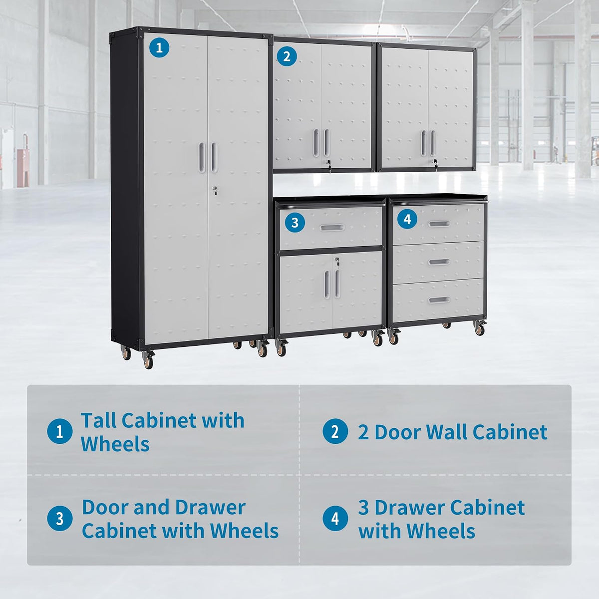 5-piece garage storage cabinets system heavy duty workshop, side view
