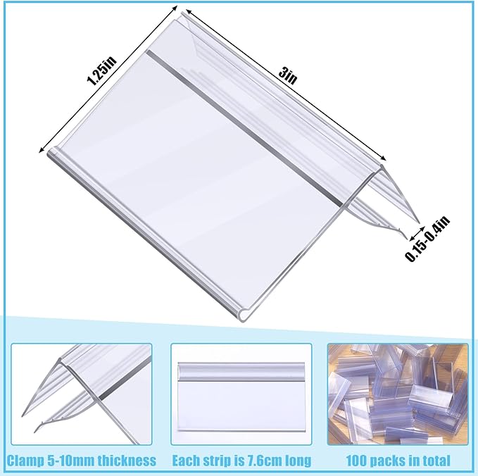 Qunclay 100 Pcs Shelf Label Holder Glass Wood 1.25 x 3 Inches Clear Plastic - Image 3