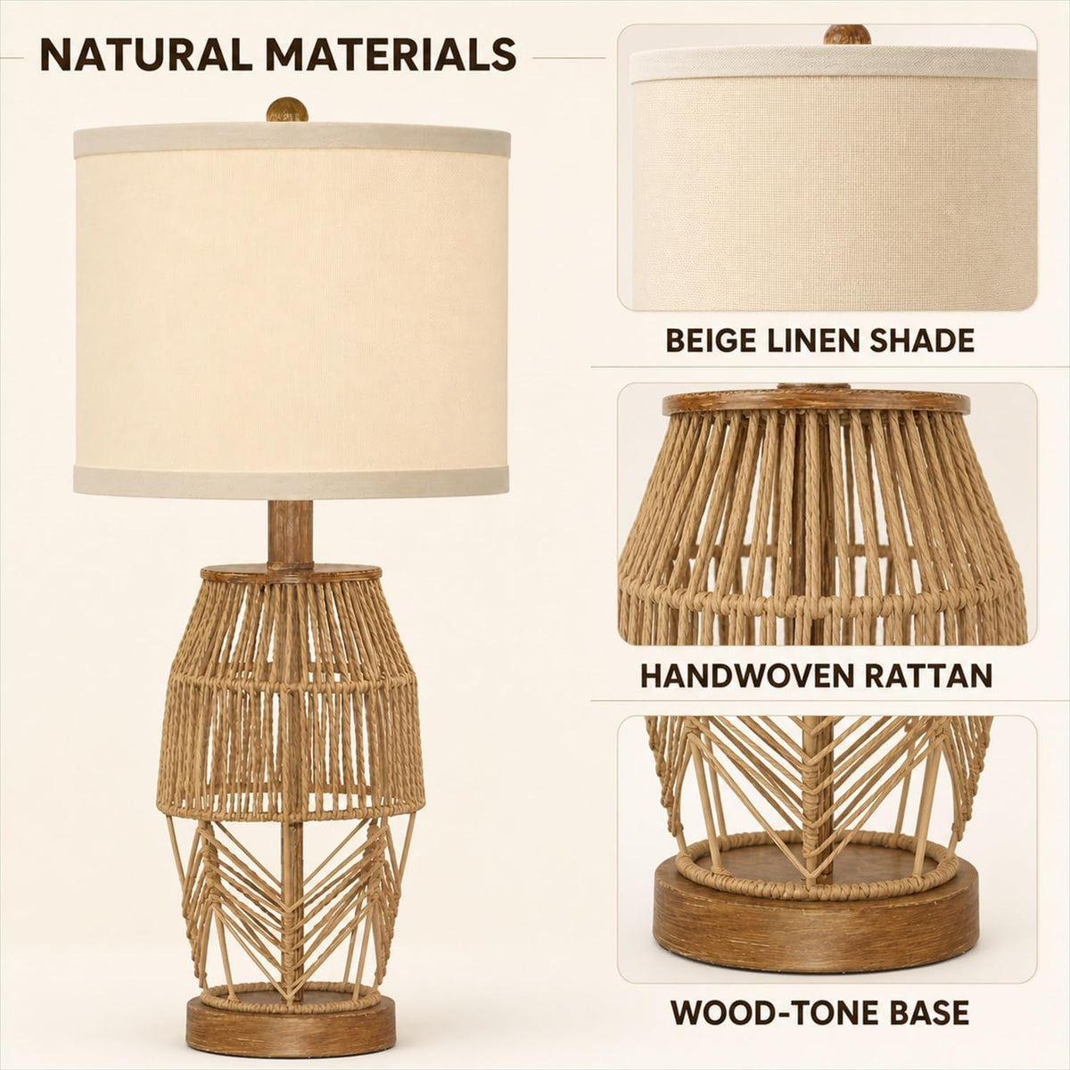 21.5 Inch Boho Table Lamps Set of 2, Rattan Wicker Bedside Lamps