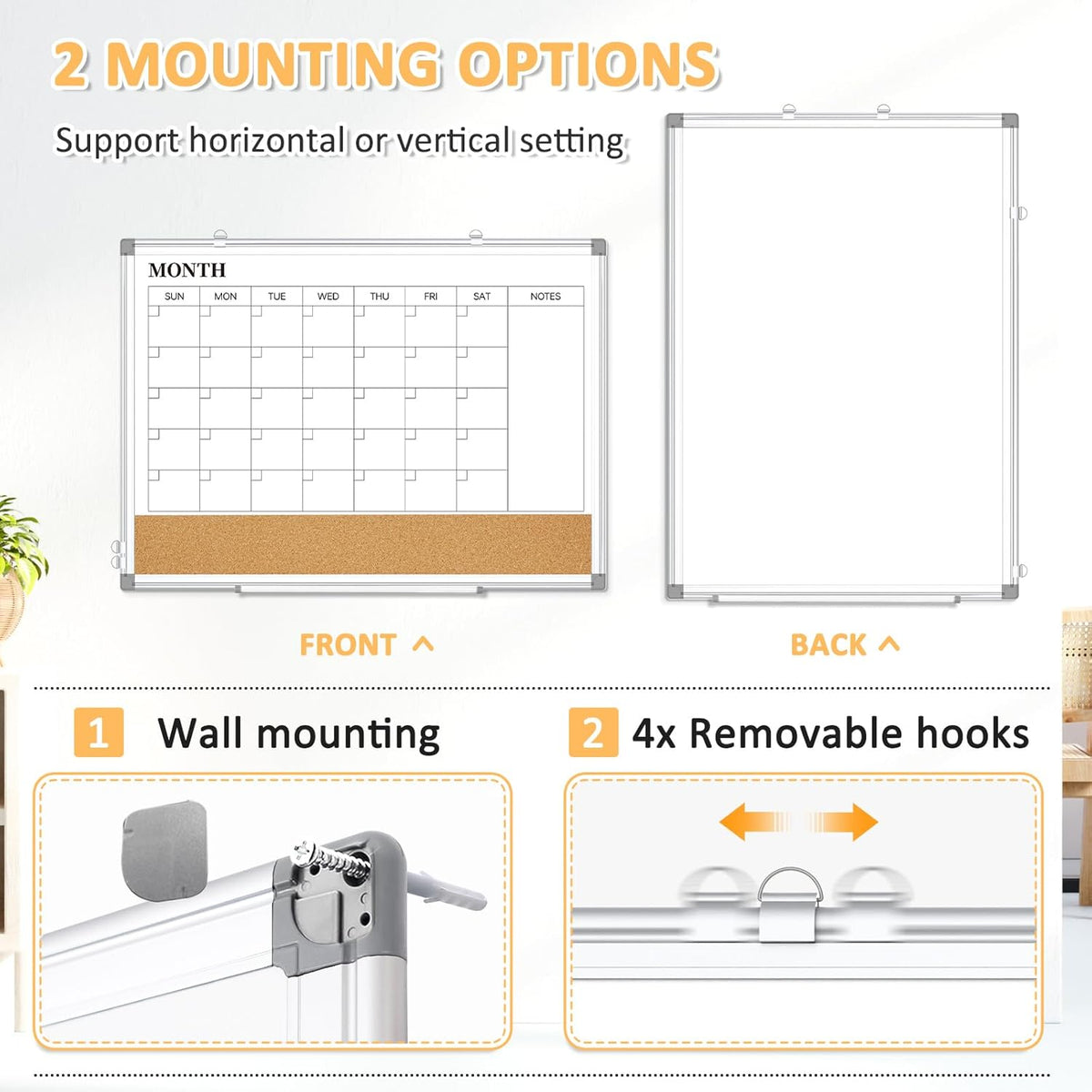 Monthly Dry Erase Calendar Whiteboard with Corkboard, 36" x 24", Si...