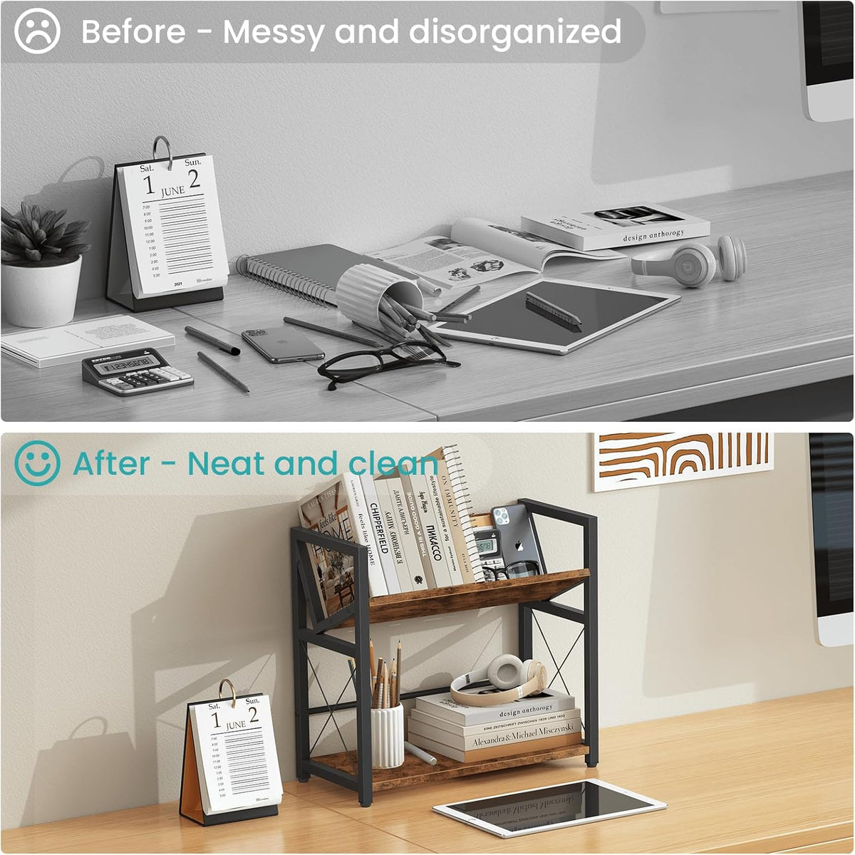 ELITEROO Desktop Bookshelf, 2 Tier Desk Shelf Organizer, Wooden Tabletop Book...