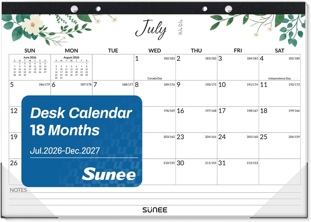 SUNEE Desk Calendar 2026-2027 17" x 12", 18 Month Calendar Jul. 2026 - Dec. 2027, Calendar 2026-2027 With Notes, for Planning, Organizing in Family, School or Office - Greenery