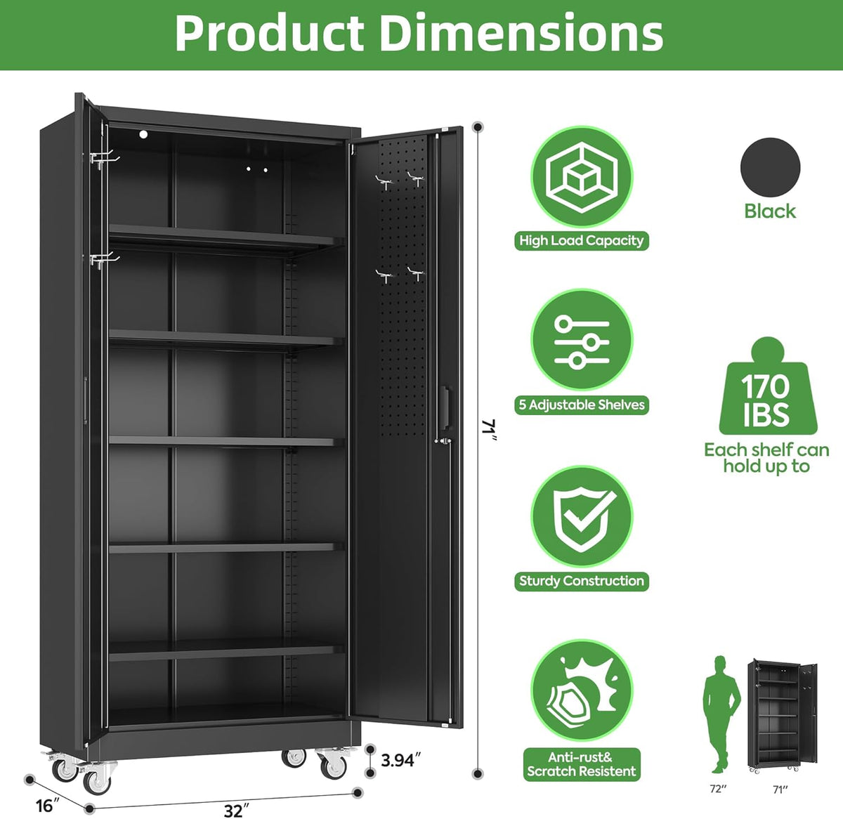 reemoon 5 adjustable 170 lb shelves, lockable doors, close-up detail
