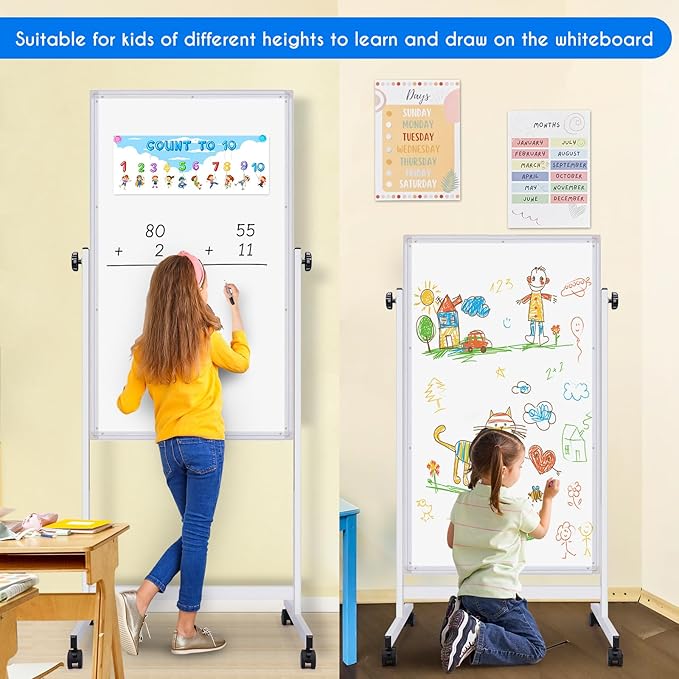 maxtek Rolling White Board, 48 x 24 Height Adjustable Whiteboard on Wheels - Image 6