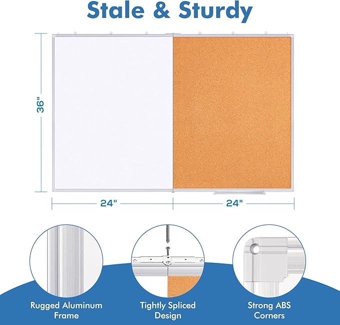 Magnetic White Board and Cork Board Combo, 48 X 36 inches Whiteboard Bulletin - Image 4