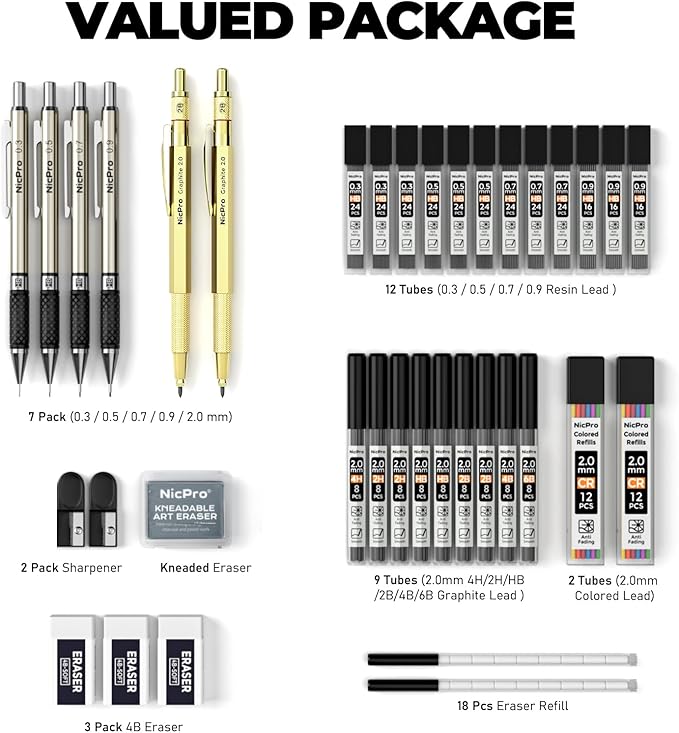 Nicpro 37PCS Gold Art Mechanical Pencil Set - Image 6